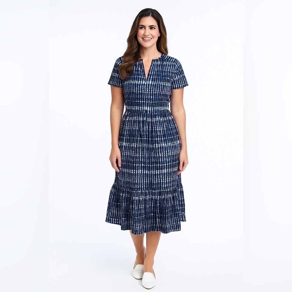 J.Crew Factory 100% Cotton Tiered Midi Dress Ikat Stripe Pockets coastal preppy